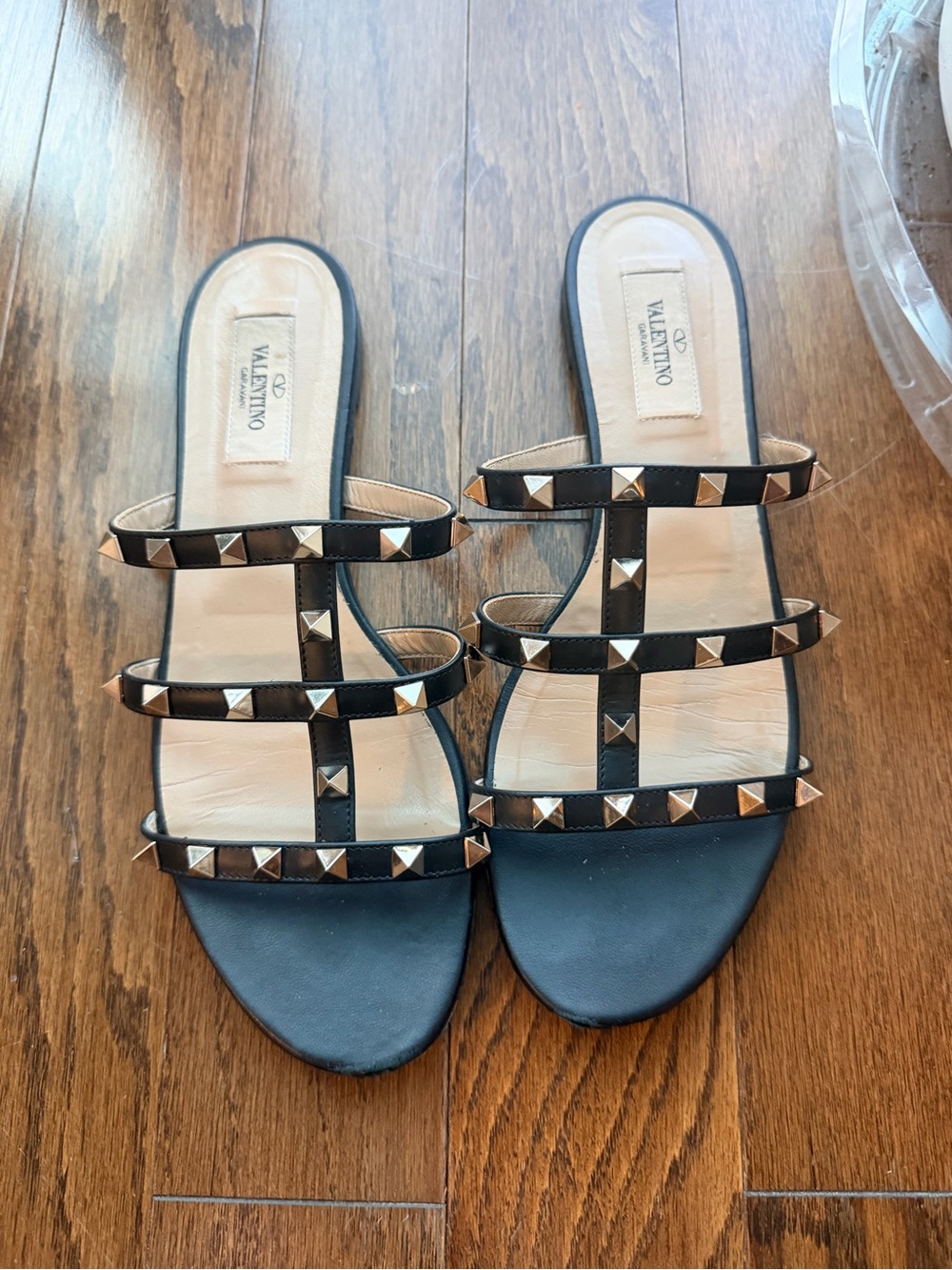 Valentino Garavani Black Leather Rockstud Triple-Strap Slide Sandals